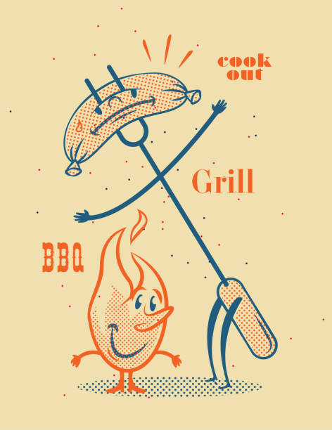 Grill Icon in Vintage Style meat cartoon stock illustrations