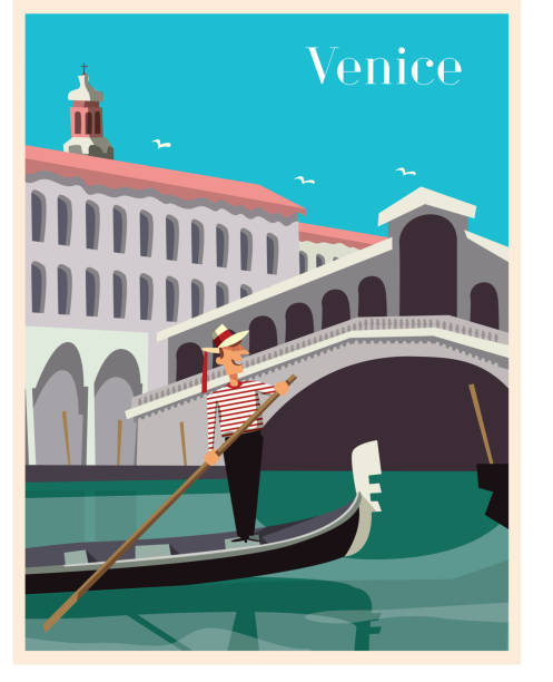 Venice Scene Poster Poster of a tourist destination in naive style venice italy stock illustrations