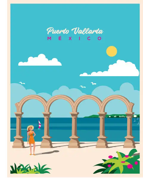 Vector illustration of Malecon Arches of Puerto Vallarta México