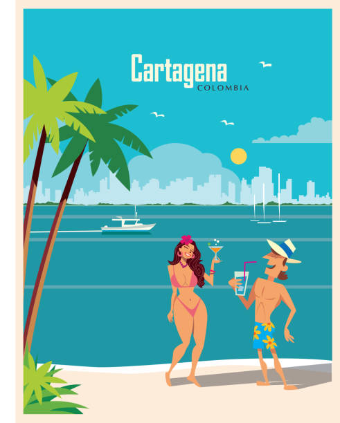 ilustrações, clipart, desenhos animados e ícones de praia de cartagena colômbia - old fashioned swimwear couple retro revival