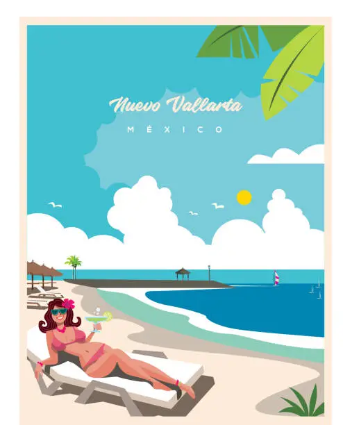 Vector illustration of Nuevo Vallarta Nayarit beach near of Puerto Vallarta México