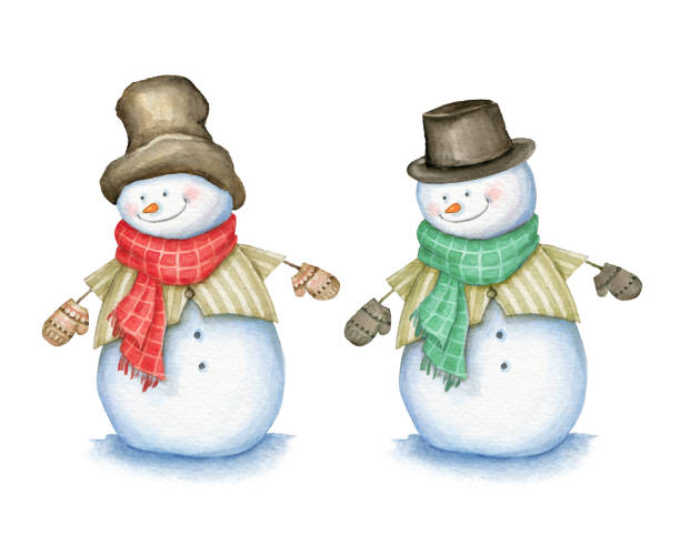 ilustrações de stock, clip art, desenhos animados e ícones de snowman with hat, scarf and mittens isolated on white background. watercolor illustration - scarf hat green glove