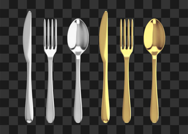 ilustraciones, imágenes clip art, dibujos animados e iconos de stock de horquilla dorada y plateada, cuchillo y cuchara. ilustración realista de cubertería vectorial. - spoon silverware fork table knife