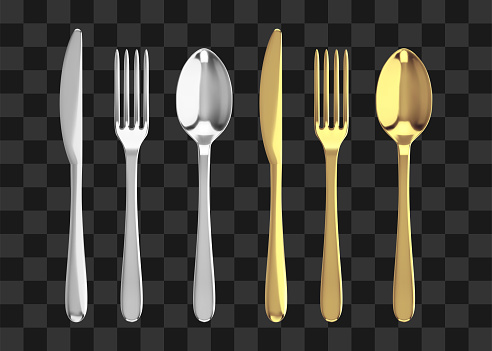 Golden and silver fork, knife and spoon. Realistic vector cutlery illustration.