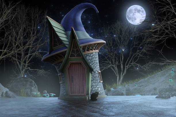 istock Fantasy landscape with a witches hat house in a spooky forest, 3d render. 1187724787