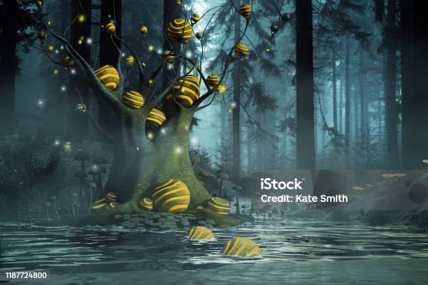 Fantasy Image If A Large Swamp Tree With Black And Yellow Hives 3d Render Stock Photo - Download Image Now