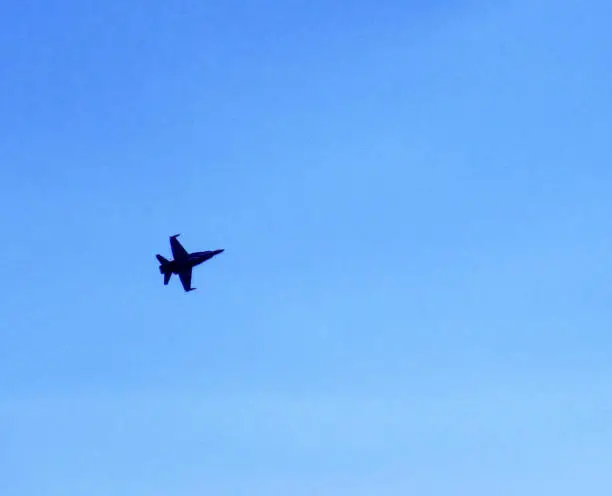 FA-18 military fighter airplane flying high in sky