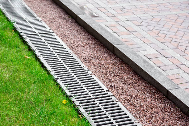 istock drainage system in the park between green grass and stone pavement, drainage grate and pebbles. 1187727049