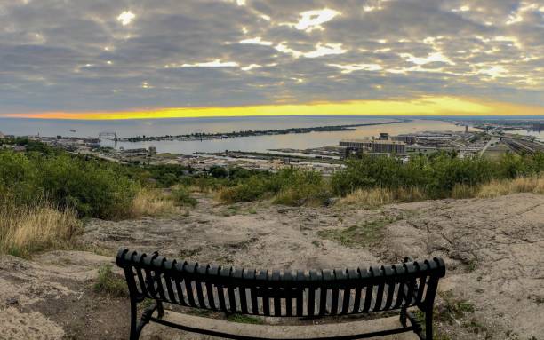 istock Panoramic viewpoint from a park bench at Enger Park overlooking Duluth harbor 1187731937