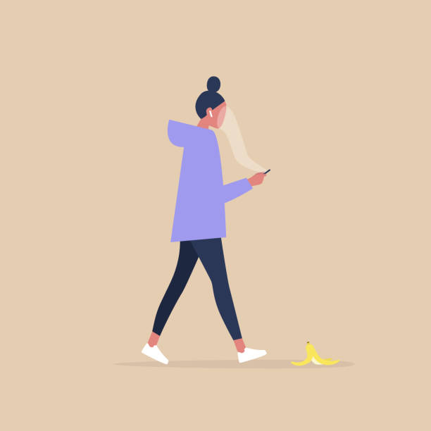 ilustraciones, imágenes clip art, dibujos animados e iconos de stock de estilo de vida moderno, personaje femenino milenario adicto a un teléfono inteligente pisando una cáscara de plátano - dropped call