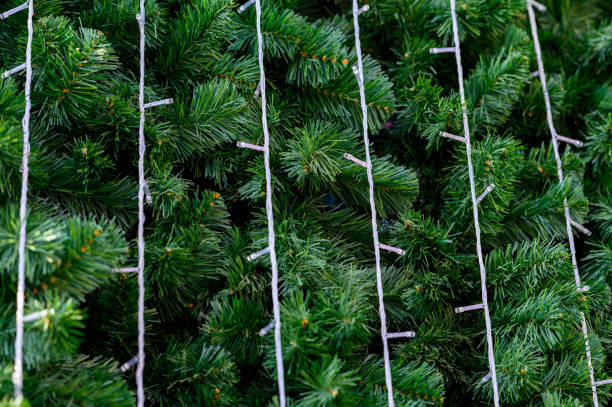 istock Green pine leaves decorated with flashing lights for Christmas background 1187733577