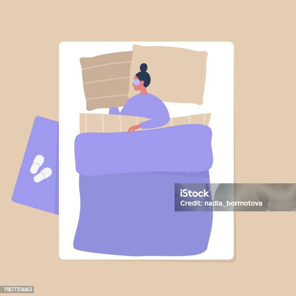 Ilustración de Vista Superior De Un Personaje Femenino Durmiendo En Un Dormitorio Interior Moderno Y Estilo De Vida y más Vectores Libres de Derechos de Dormir