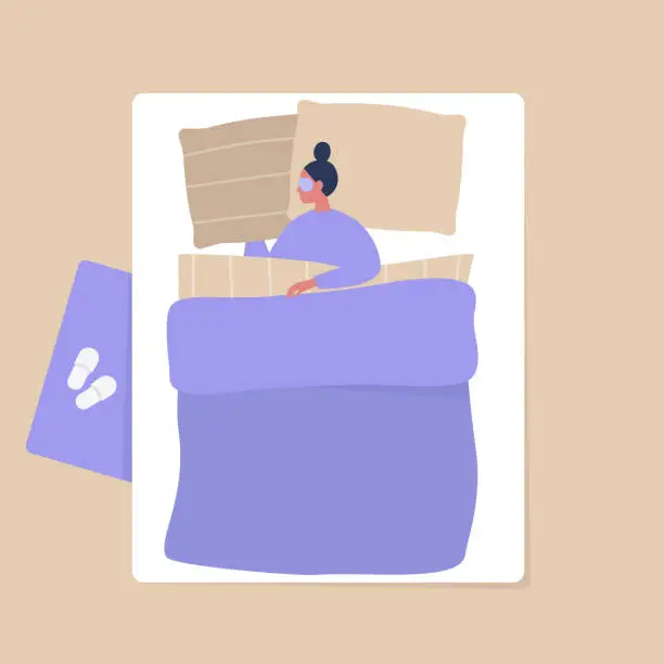 Vector illustration of Top view of a female character sleeping in a bedroom, modern interior and lifestyle