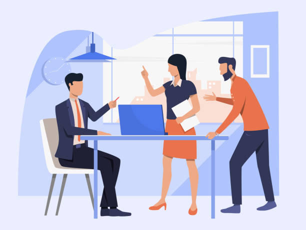 Business team discussing project Business team discussing project. Employees arguing with boss vector illustration. Corporate communication concept for banner, website design or landing web page conflict illustrations stock illustrations