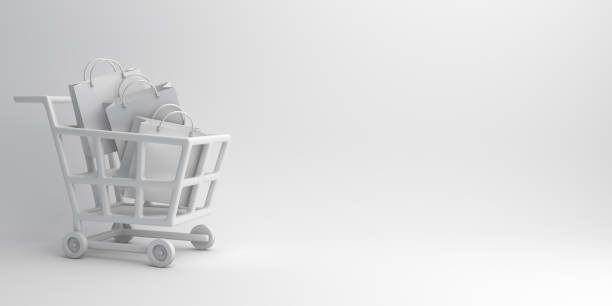 Winter abstract design creative concept, trolley cart, shopping bag on white background. Copy space text area.