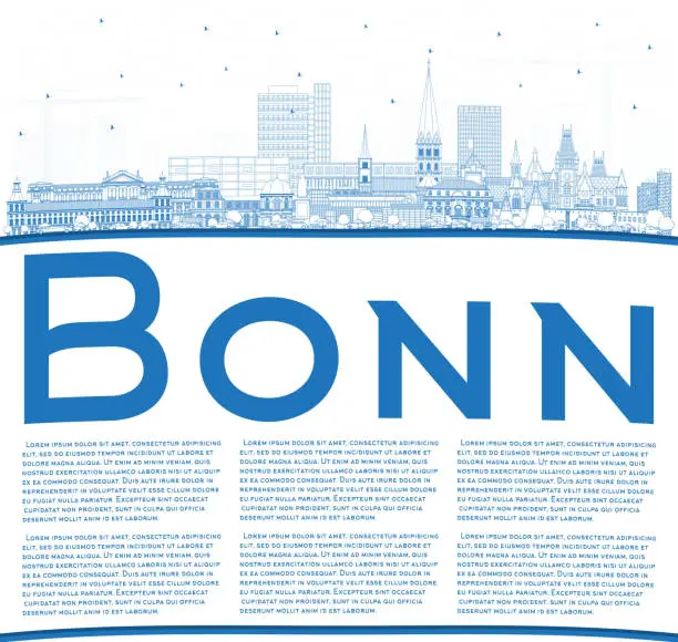 Vector illustration of Outline Bonn Germany City Skyline with Blue Buildings and Copy Space.