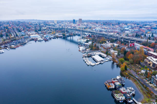 istock Lake Union Houseboats and Interstate 5 1187740383