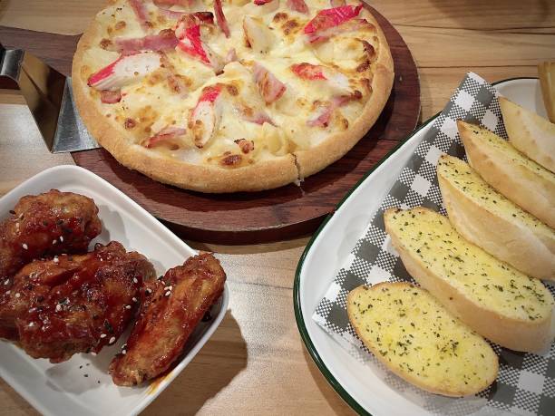 Fast food easy food Pizza,BBQ chicken wings,Garlic bread