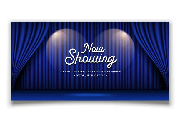 Vector illustration of Cinema Theater curtains blue banner background, vector