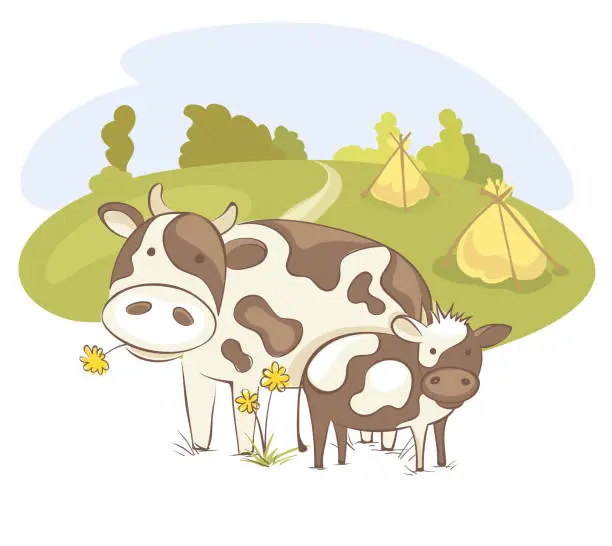 Vector illustration of Cow with calf