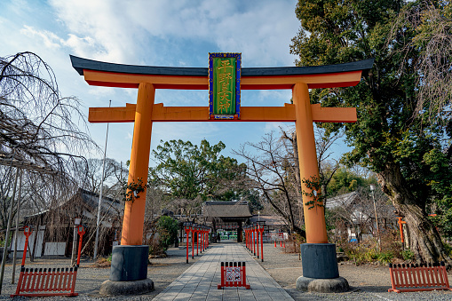 Kyoto, Kyoto, Japan - January 8 2019 : Scenery of the Hirano jinja Shrine. It was established in the year 794 by Emperor Kammu when the capital was transferred to Heian-kyo from Nagaoka-kyo.