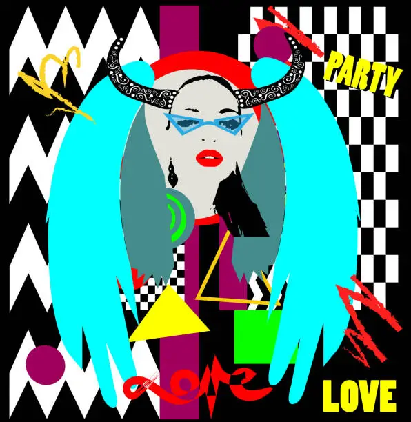 Vector illustration of Demon angel pop art background with signs love and party