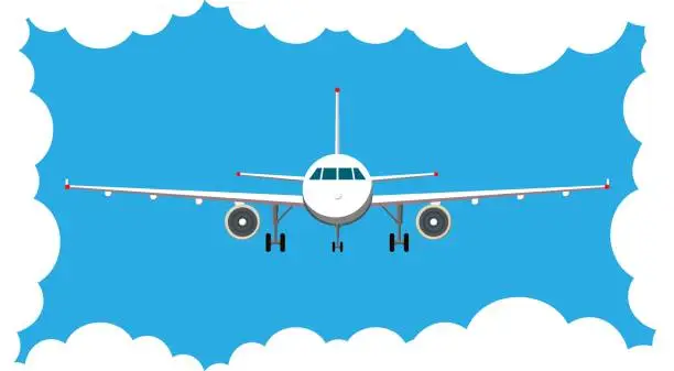 Vector illustration of Airplane front view. Blue sky with clouds