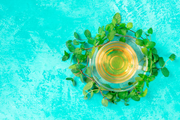 istock Mint tea cup, top-down shot on a vibrant turquoise background with fresh mint leaves and a place for text 1187758586
