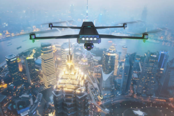 istock A drone flies over the evening city. Mixed media. 1187760286