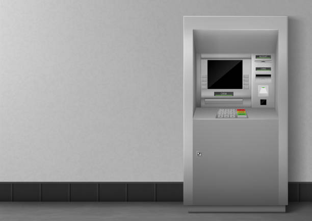 Vector illustration of realistic ATM ATM with blank black display. Bank terminal for transaction, withdraw money and deposit to account. Vector illustration of realistic cash machine with copy space for your text. exchange teller stock illustrations