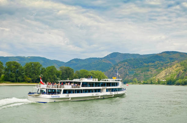 Dürnstein, Austria - August 13th 2018:The passenger ship (MS Austria of the Company Brandner) on the River Danube, upstream in the direction of Melk.