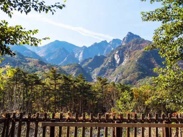 travel to South Korea - wooden bridge in mountains in Seoraksan National Park in South Korea in autumn