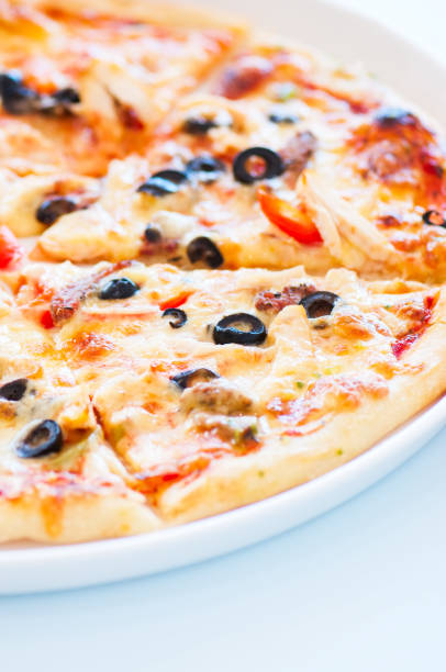 istock Pizza with salami and olives on a plate. 1187770065