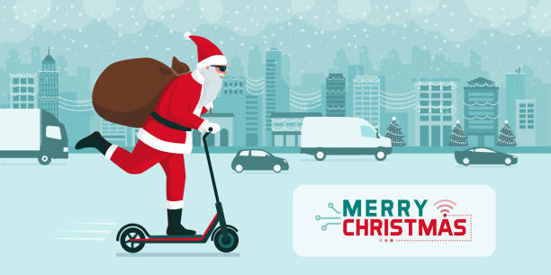 Interconnect Samarbejde vandfald Futuristic Santa Claus Carrying Gifts On A Kick Scooter Stock Illustration  - Download Image Now - iStock