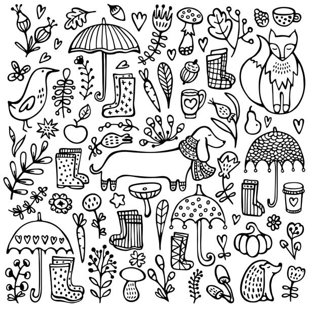 Autumn doodle black and white background. Umbrellas, rubber boots, fox, dog, hedgehog, bird, leaves, mushrooms and other floral elements. Hand drawn vector illustration. Autumn doodle black and white background. Umbrellas, rubber boots, fox, dog, hedgehog, bird, leaves, mushrooms and other floral elements. Hand drawn vector illustration. knitted pumpkin stock illustrations