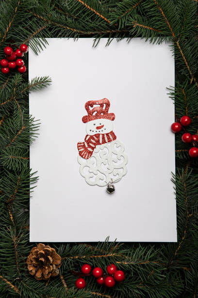 istock Creative layout made of Christmas tree branches with paper card note and Snowman ornament. Nature New Year concept 1187776618