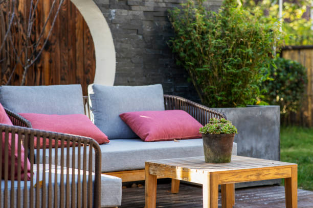 istock Sofa on wood deck in the garden 1187776676