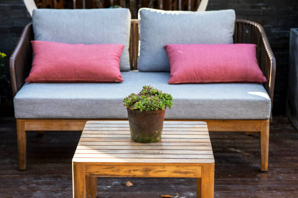 istock Sofa on wood deck in the garden 1187776680