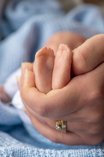 premature newborn baby  with mothers hand  holding tiny feet represented by a reborn doll, background for copy space and text overlay