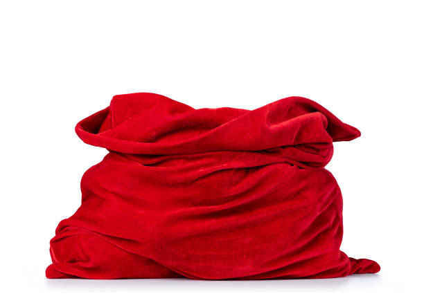 산타 클로스는 흰색 배경에 고립 된 전체 빨간 가방을 엽니 다. 파일에 격리 경로가 포함되어 있습니다. - santas sack 뉴스 사진 이미지