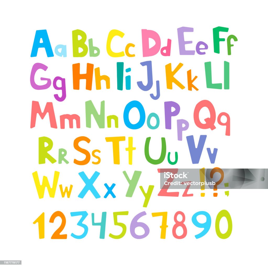 Ilustración de Tipo De Letra De Dibujos Animados Vectoriales Vectores Abc  Letras Números Y Símbolos De Dibujos Animados Vectoriales Signos Infantiles  Lindos En Mayúsculas Y Minúsculas y más Vectores Libres de Derechos