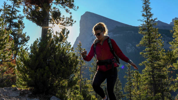 istock Young female hiker ascends mountain through forest 1187779063