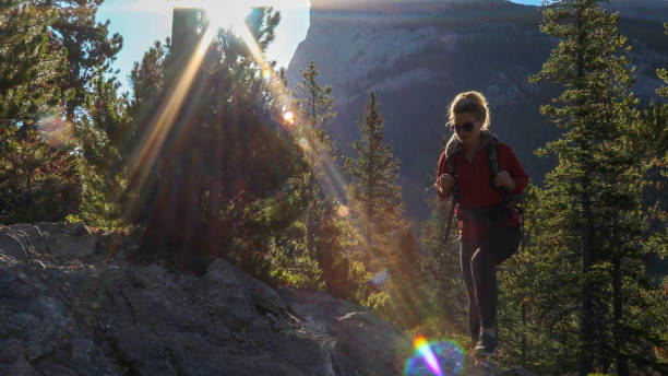 istock Young female hiker ascends mountain through forest 1187779086