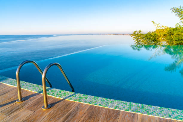 istock Infinity Edge Swimming Pool Water, Beautiful Black Sea View. 1187779479