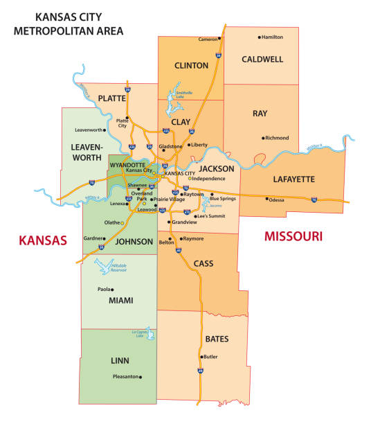 ilustraciones, imágenes clip art, dibujos animados e iconos de stock de mapa del área metropolitana de kansas city en kansas y missouri - state highway