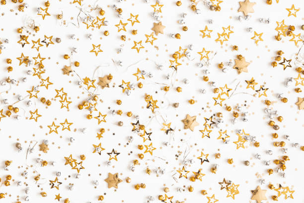 istock Christmas composition. Christmas golden decorations on white background. Flat lay, top view 1187788008