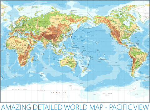 World Map Pacific View - Physical Topographic - Vector Detailed Illustration
