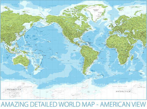 World Map American View Relief Physical Topographic Vector Detailed ...