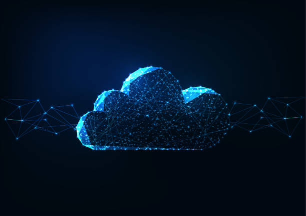 futuristisch glühende low polygonal cloud computing technologien konzept auf dunkelblauem hintergrund. - cloud speicher stock-grafiken, -clipart, -cartoons und -symbole