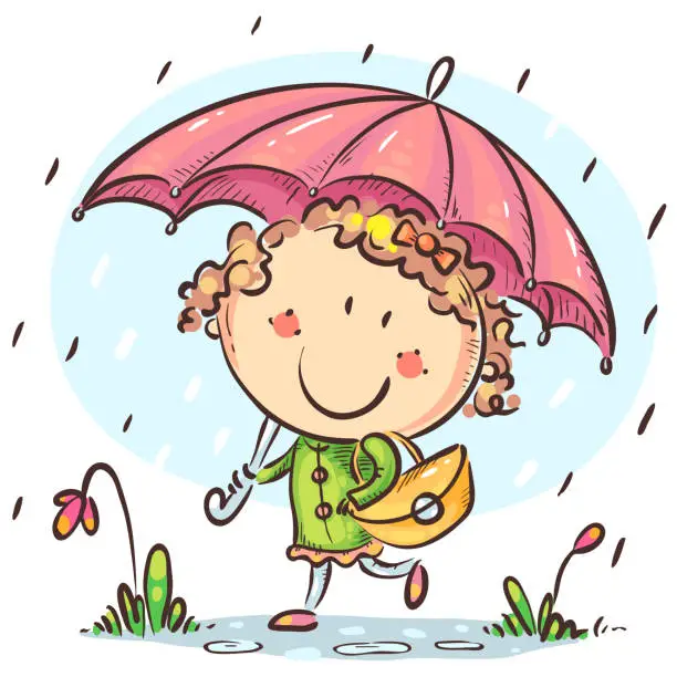 Vector illustration of Girl with an umbrella walks in the rain